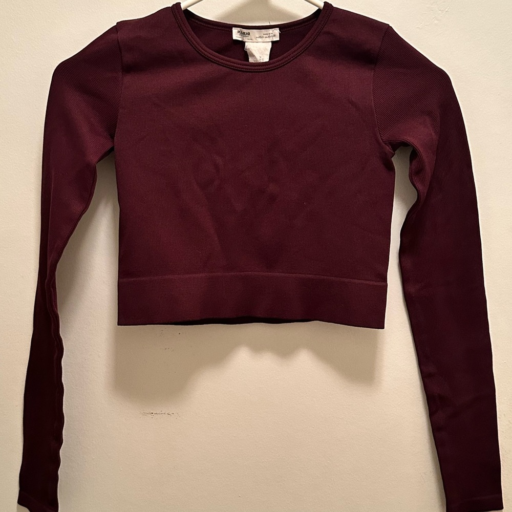 Pull&Bear Deep Burgundy Long Sleeve Crop Top